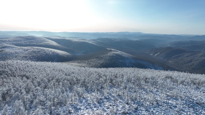 大兴安岭寒冬沟壑纵横山林雪景