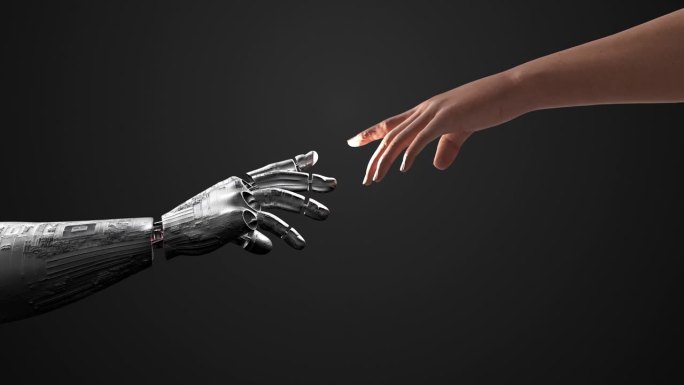 人的手指和人工智能机器人的接触。科技拥抱。闪亮的电灯。