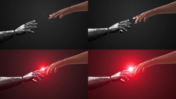 人的手指和人工智能机器人的接触。科技拥抱。闪亮的电灯。