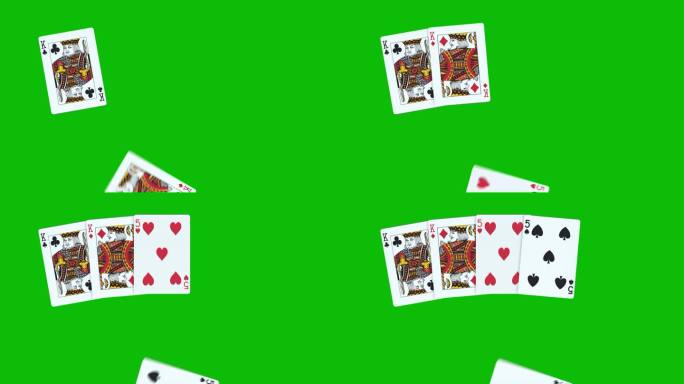 由两对扑克牌组成的手牌，在绿屏上依次抛出扑克牌3D动画，扑克牌动画，发扑克牌动画。赢牌手两对组合4