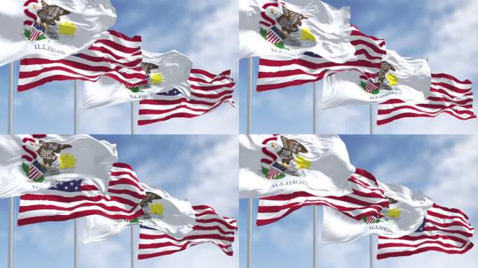 在一个晴朗的日子里，伊利诺斯州的州旗飘扬着美国国旗