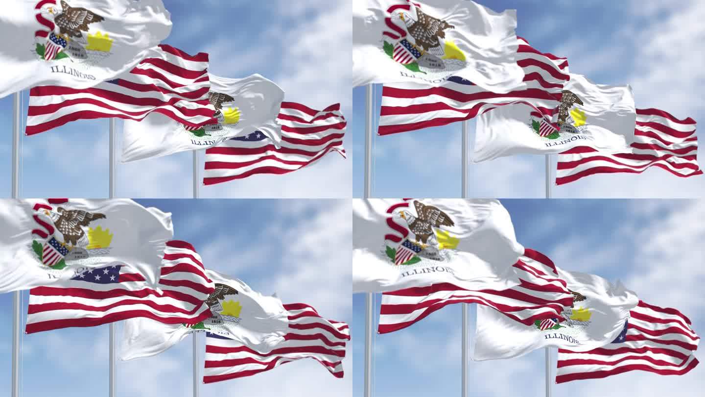 在一个晴朗的日子里，伊利诺斯州的州旗飘扬着美国国旗