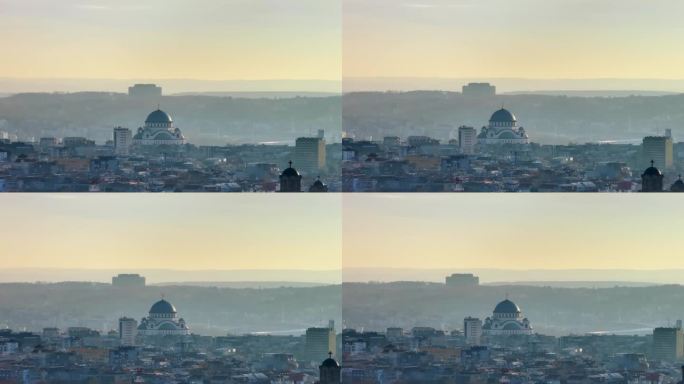 这是塞尔维亚贝尔格莱德市清晨圣萨瓦教堂的近距离航拍画面。