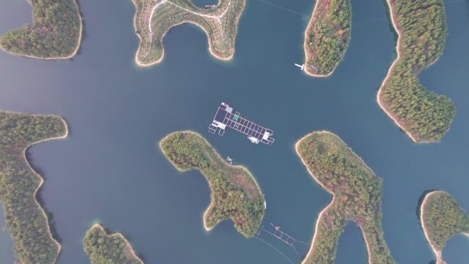 中国浙江杭州楚南千岛湖数千座岛屿鸟瞰图。色彩缤纷的岛屿和宁静的湖泊，美丽的自然景观，4k实时镜头，无