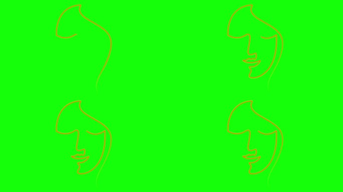 一个女人的动画橙色线性脸逐渐绘制。丝带上漂亮女孩的头像。一行。美的概念。毛圈的视频。矢量插图隔离在绿