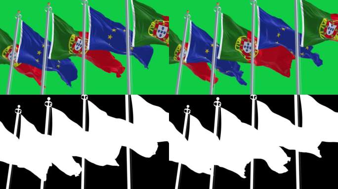 绿色屏幕上，葡萄牙国旗与欧盟旗帜一起飘扬