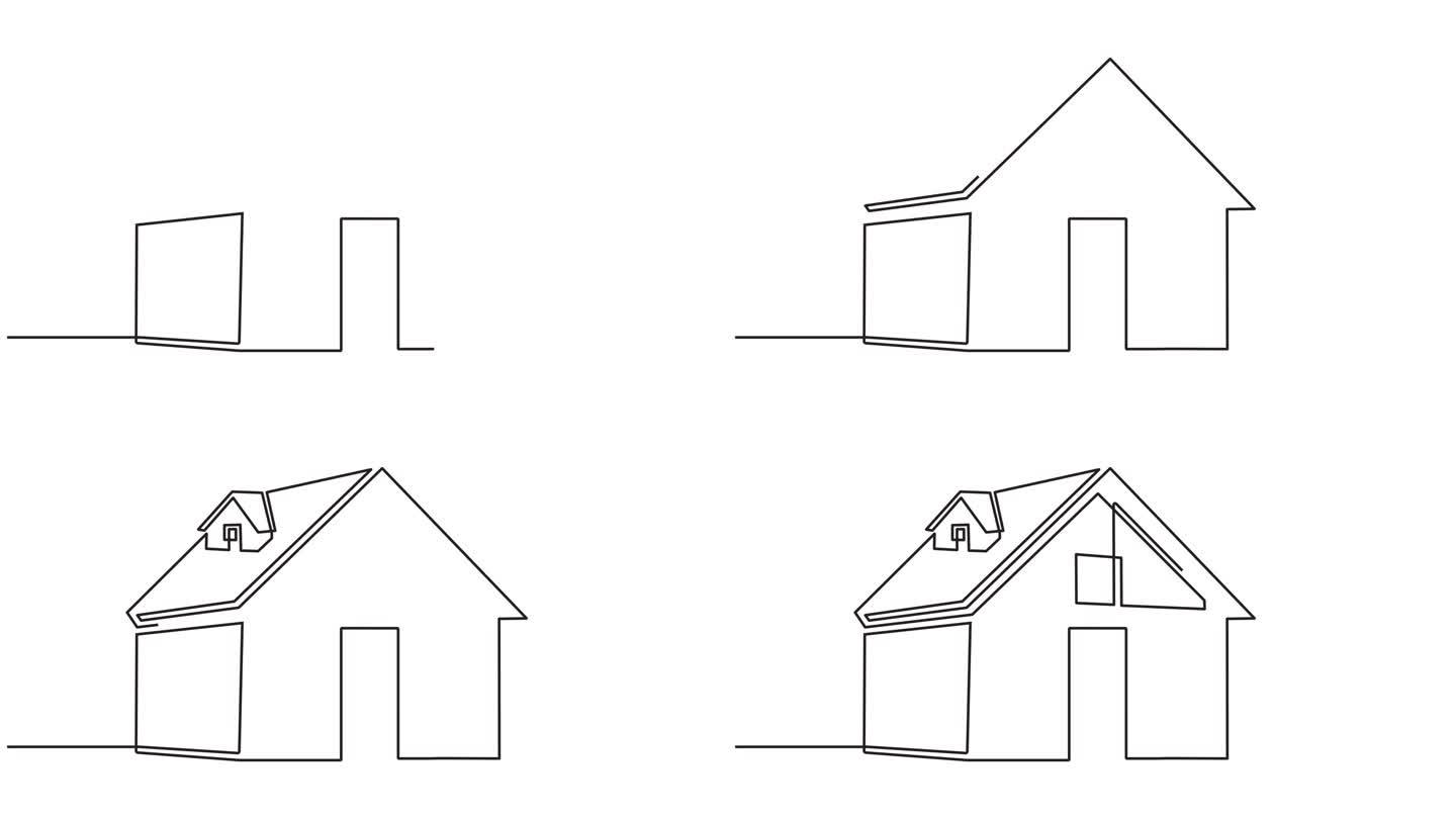 连续的单行动画视频，一个房子的看法与屋顶。房屋顶棚、楼盘具有动线动画视频风格。4 k的视频
