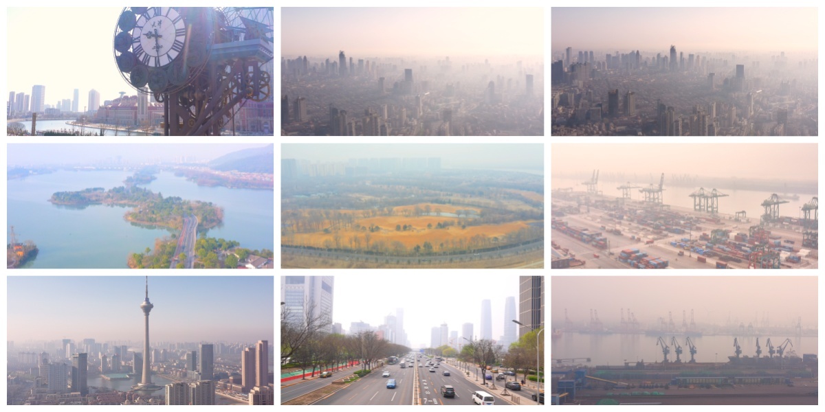 航拍雾霾天津城市