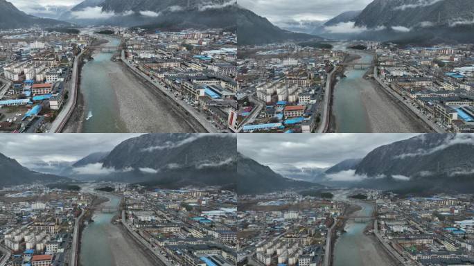航拍2月清晨的西藏波密县城