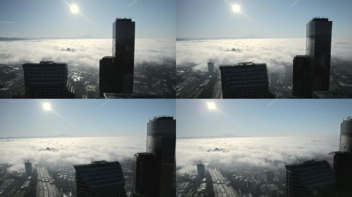 西雅图清晨雾的城市高空航拍
