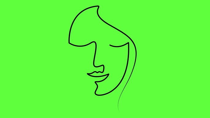 一个女人的动画黑色线性脸逐渐绘制。丝带上漂亮女孩的头像。一行。美的概念。毛圈的视频。矢量插图隔离在绿