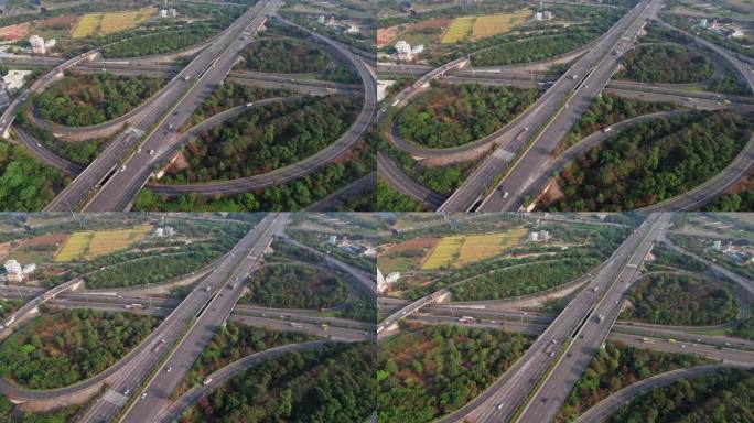 无人机拍摄的尼赫鲁外环路高速公路的壮观转弯，显示了印度泰伦加纳邦海德拉巴的多条道路、桥梁和高架桥，几