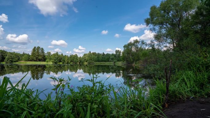 美丽的云反射在水面上的湖或池塘在仙女森林，钓鱼。延时风景自然镜头