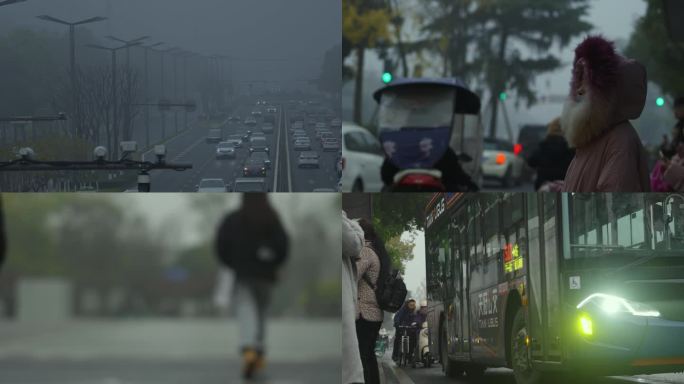 冬天城市早上雾霾污染上班族视频素材