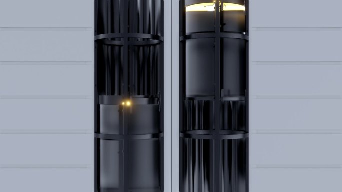 两个玻璃胶囊电梯，墙上有灯，房子，酒店或办公中心上下移动。逼真的3d动画。