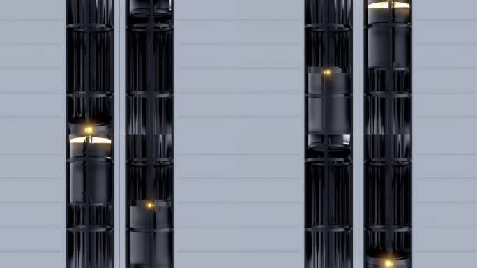 两个玻璃胶囊电梯，墙上有灯，房子，酒店或办公中心上下移动。逼真的3d动画。