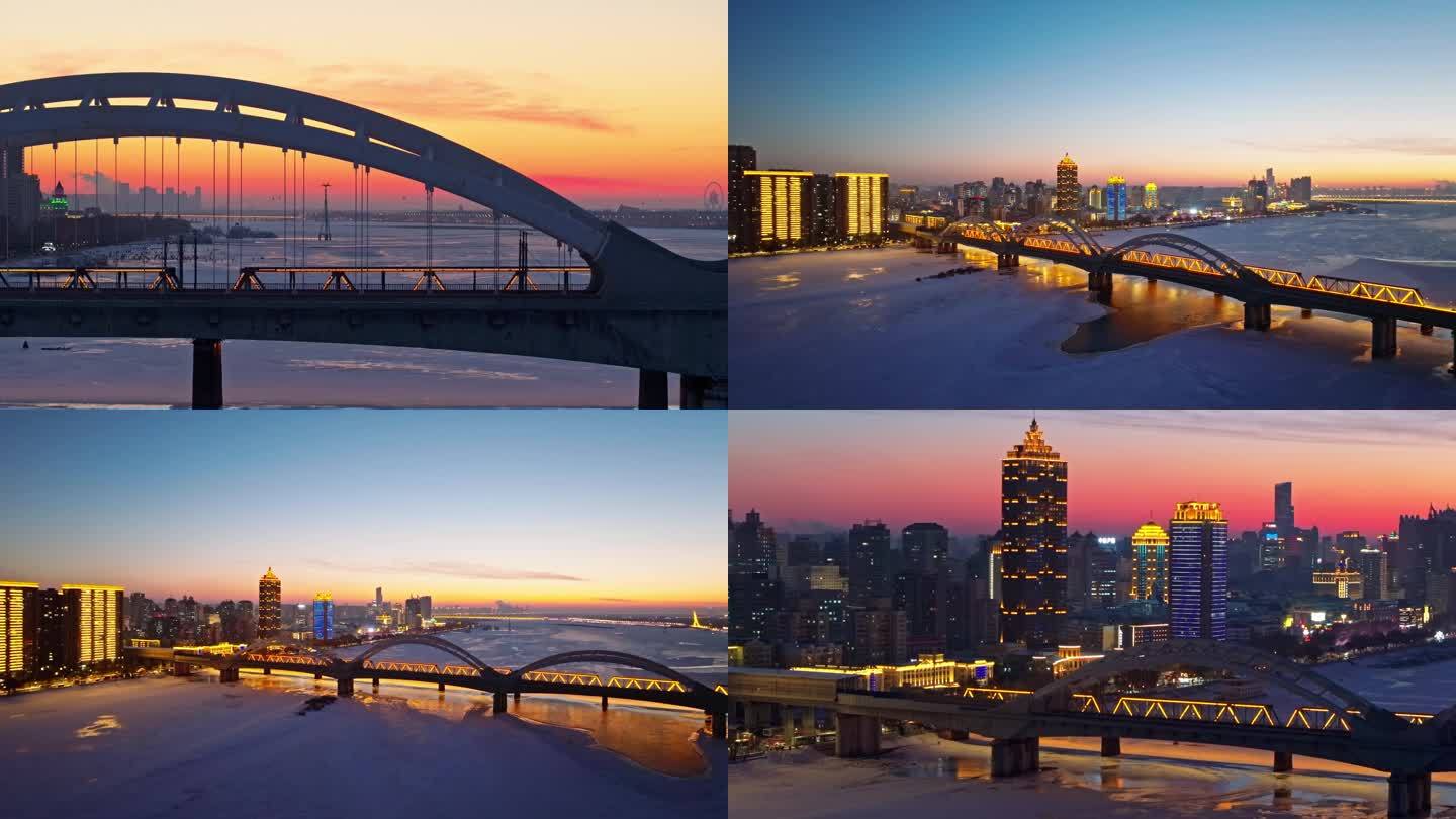 中国黑龙江哈尔滨松花江铁路桥夜景航拍合集