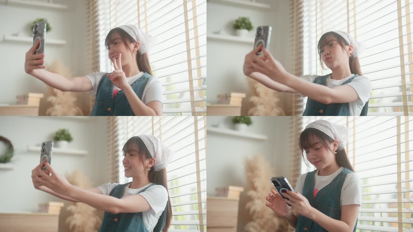 一名亚洲年轻成年女子在编辑照片并上传到社交媒体之前，先用智能手机自拍。