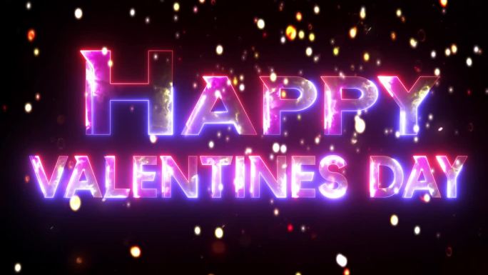 发光的霓虹文字图标情人节快乐与金色发光粒子动画视频