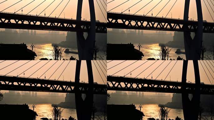 夕阳下的轨道列车驶过长江大桥实拍视频