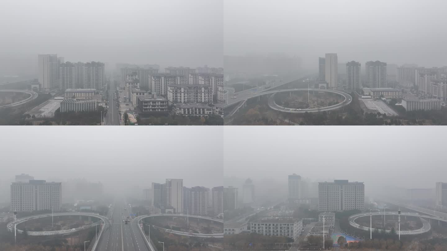 航拍襄阳襄城冬天大雾浓雾天气城市风光