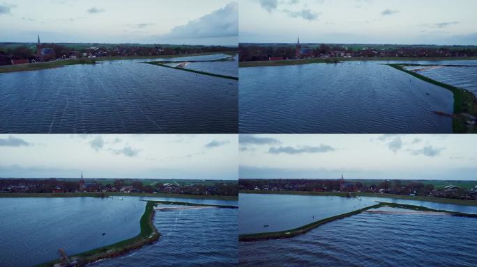 航拍的由于荷兰一个湖泊的高水位而被淹没的娱乐区