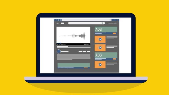 在线视频网站广告和货币化与广告。社交视频网页界面与视频播放器显示音乐声波。现代笔记本电脑动画