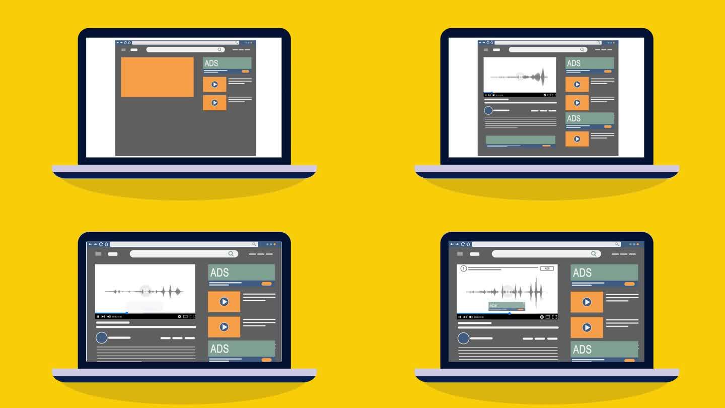 在线视频网站广告和货币化与广告。社交视频网页界面与视频播放器显示音乐声波。现代笔记本电脑动画