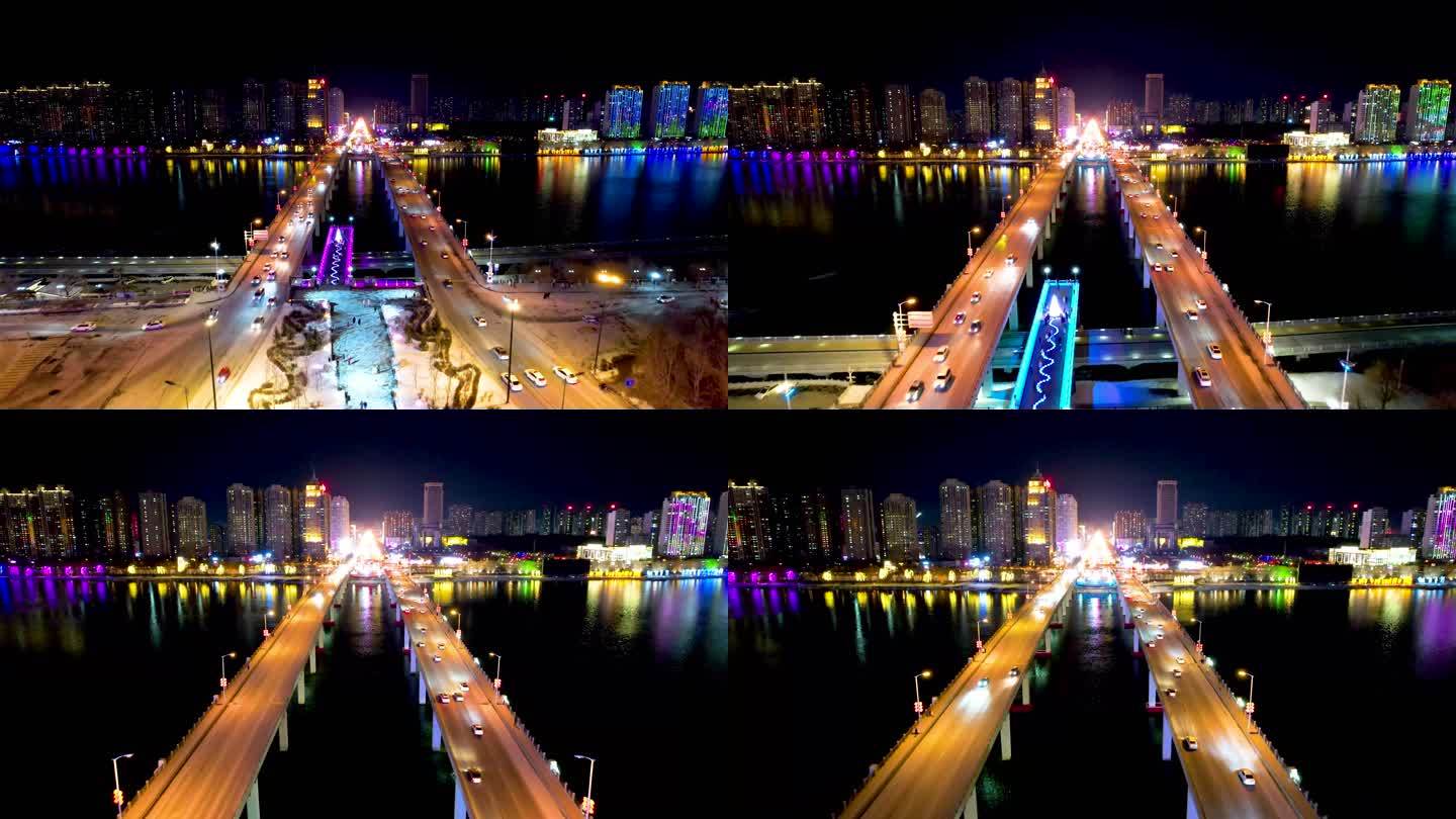 吉林市城市夜景松花江吉林大桥冬季风光航拍