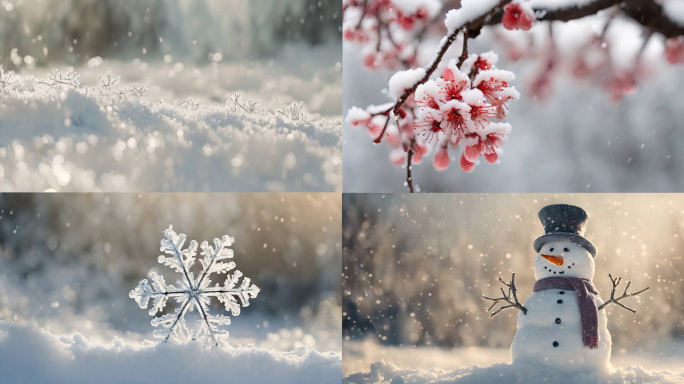 大寒雪景雪人雪花特写空镜头