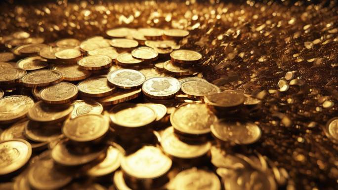 4K金币堆黄金钱币财富宝藏金钱货币背景4