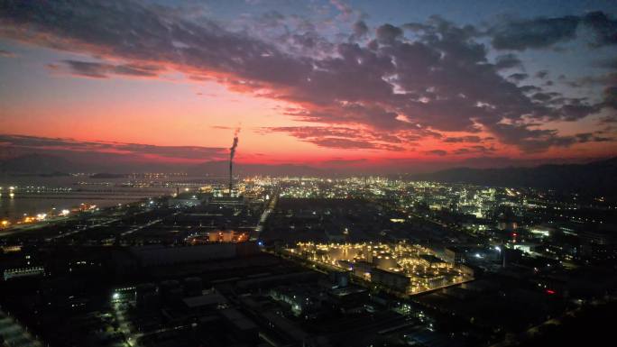 惠州大亚湾石化区火烧云夕阳夜景大景航拍