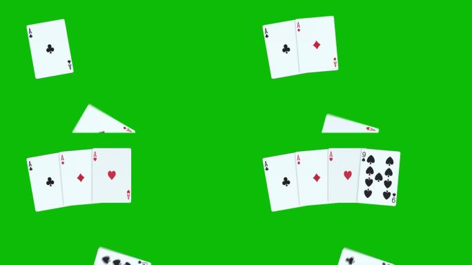 一种由三张A牌组成的扑克手牌，在绿屏上有一张一张扔牌的3D动画，扑克出牌动画，发牌扑克动画。赢得扑克