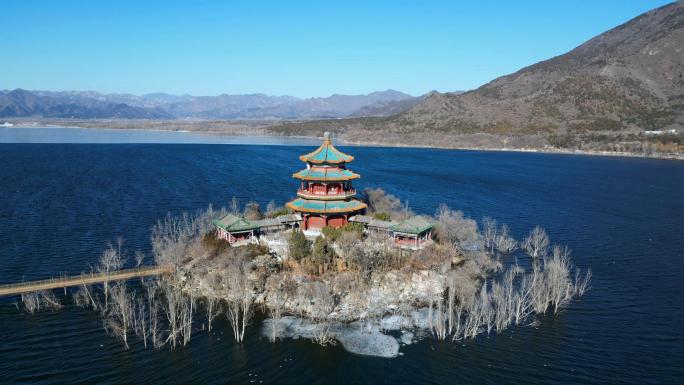 航拍北京昌平十三陵水库冬天