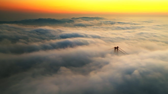 海上平流雾云海日出舟山跨海大桥西堠门大桥