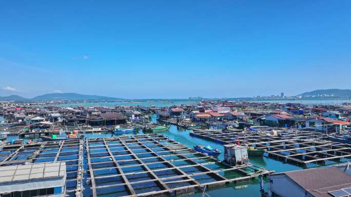 4k海南陵水疍家鱼排玻璃海海湾玻璃海航拍