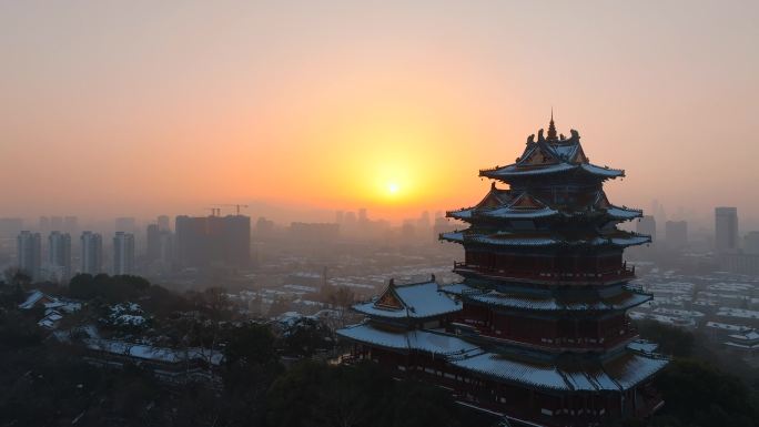 南京阅江楼日出雪景航拍