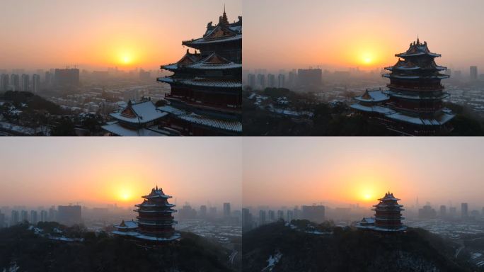 南京阅江楼日出雪景航拍