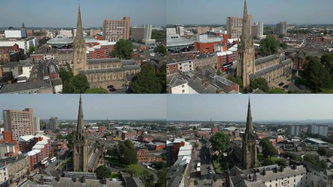 普雷斯顿圣三一教堂和尖塔的航拍片段，普雷斯顿，英格兰，英国
