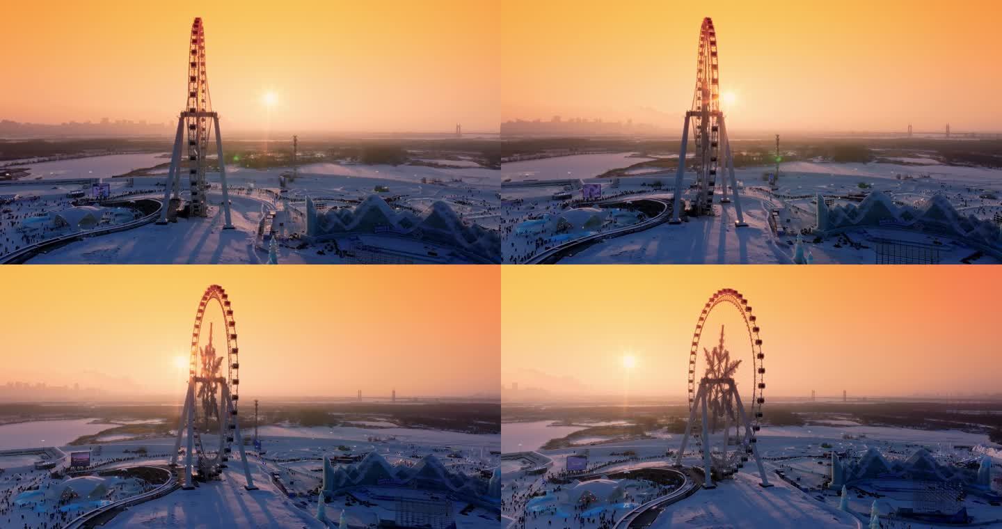 航拍哈尔滨第二十五届冰雪大世界摩天轮风光