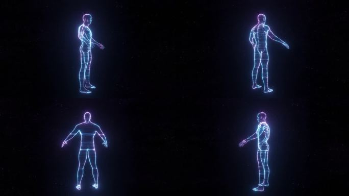 人类全息图在黑暗空间中旋转3D动画