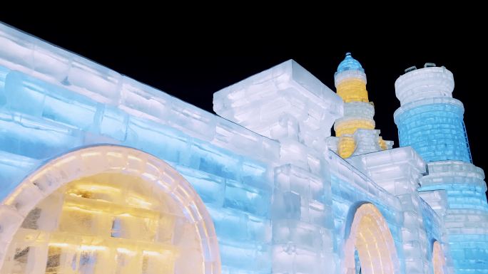 4K拍摄哈尔滨冰雪大世界景点冰雕景观