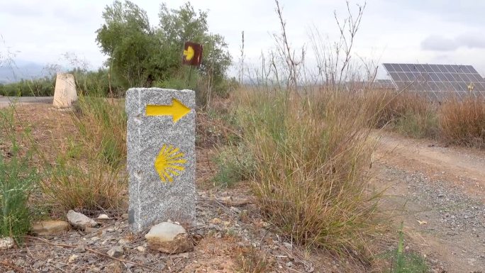 这是圣地亚哥之路的标志，道路在典型的西班牙乡村橄榄林中向前延伸