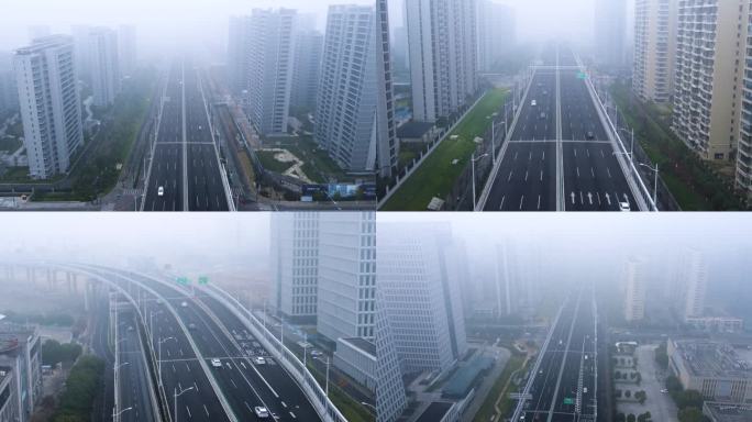 4k航拍大雾天气下的高架交通