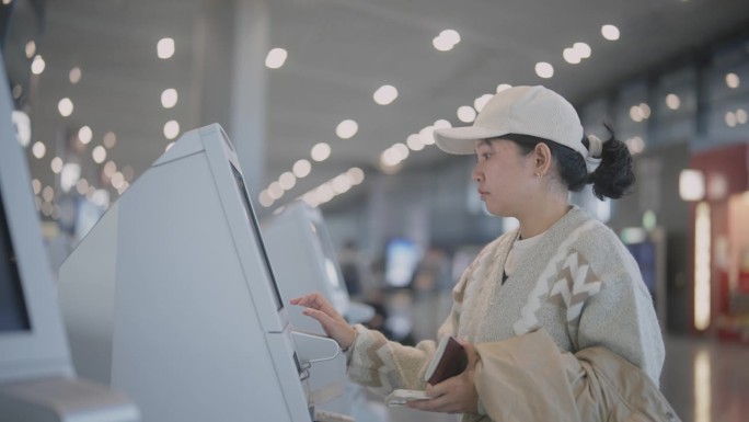亚洲女性在机场自助机办理登机手续。