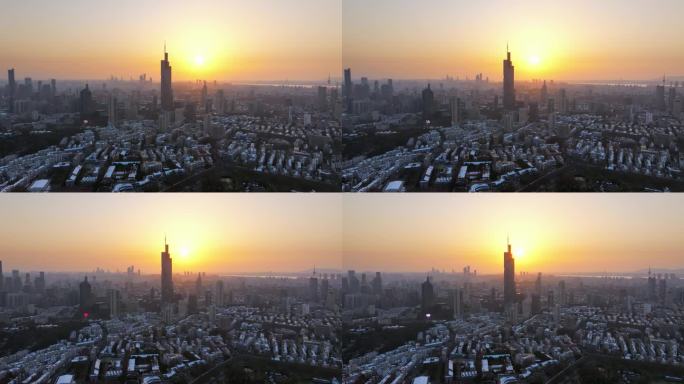 南京城市雪景紫峰大厦黄昏日落航拍