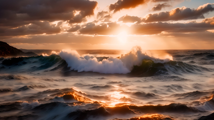 夕阳西下海浪海洋大浪巨浪浪花
