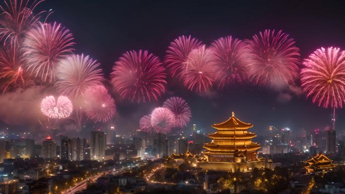 中国新年 城市烟花  万家灯火 龙年