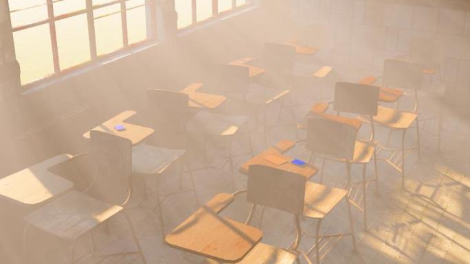 太阳光照射进空旷废弃的老教室视频