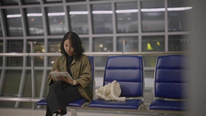 一段4k视频显示，一名年轻女子晚上在机场候机大厅触摸和使用数码平板电脑。